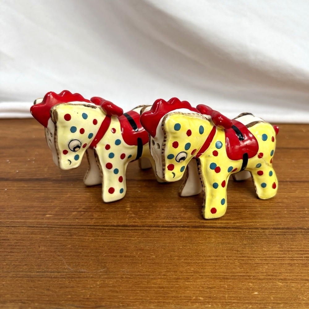 Vintage Ceramic Horse Salt & Pepper Shakers Set Polka Dot Yellow Red 3 in